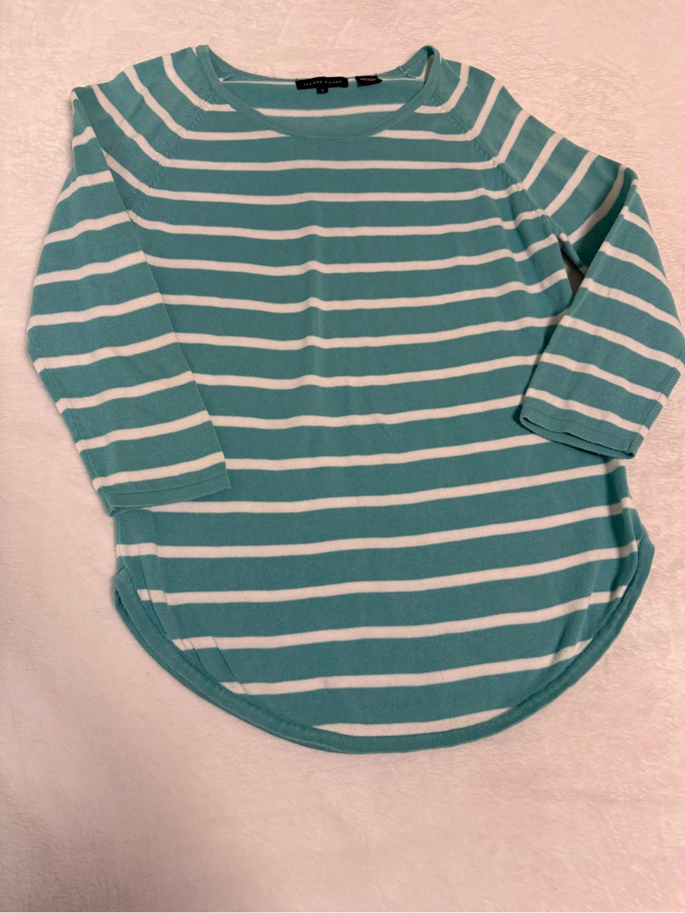 JEANNE PIERRE Aqua & White Striped Boatneck Top 100% Cotton 3/4 Sleeve